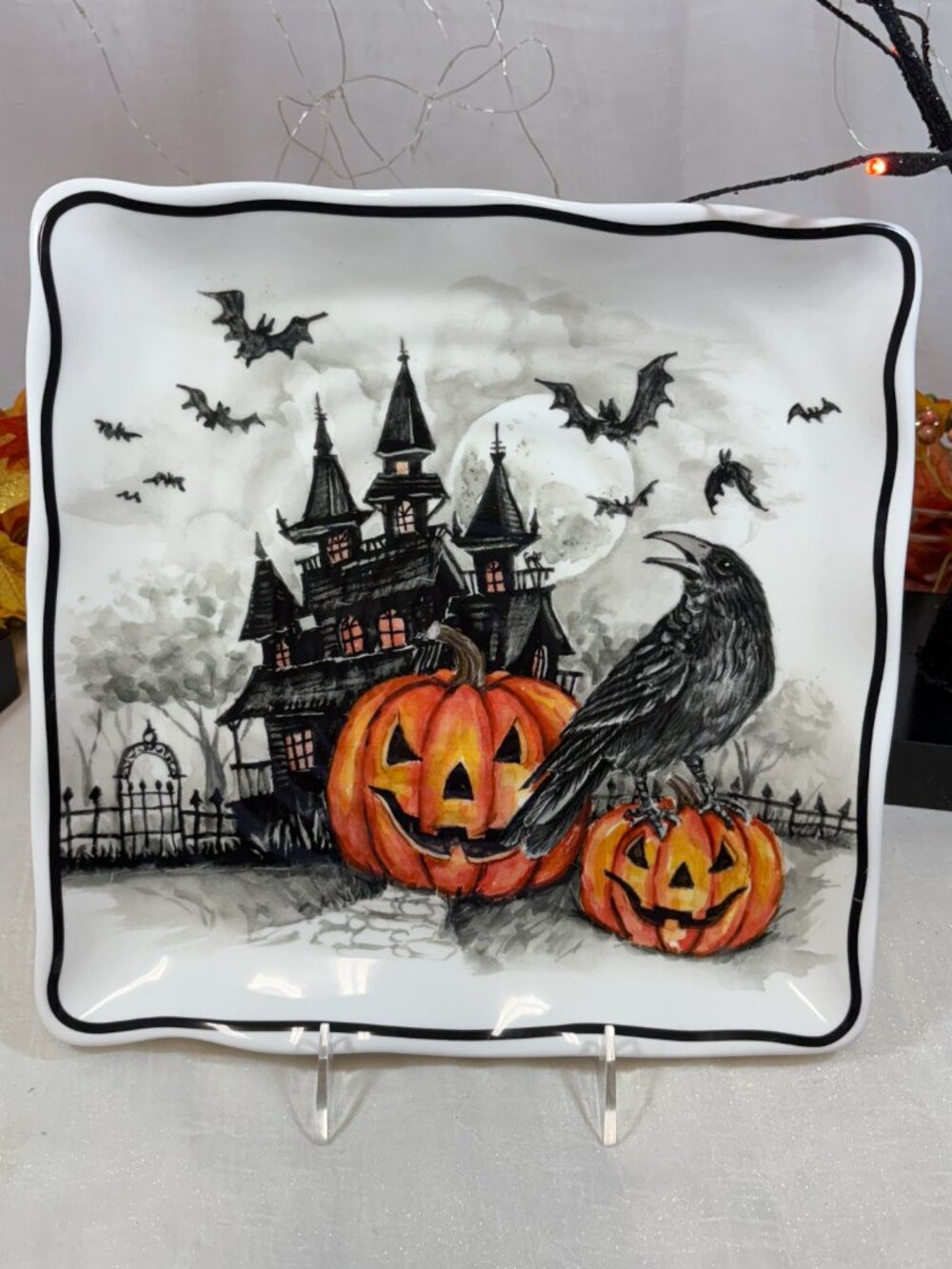 Halloween Maxcera Haunted House Jack O Lantern Raven 11" Buffet Dinner Plate NEW